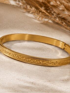 Designer Inspired Gold Greek Key Hinged Stainless Steel Bangle Bracelet